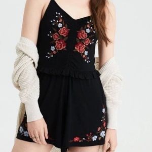 American Eagle Outfitters One Piece Romper Medium Black Red Stretch Floral Embro